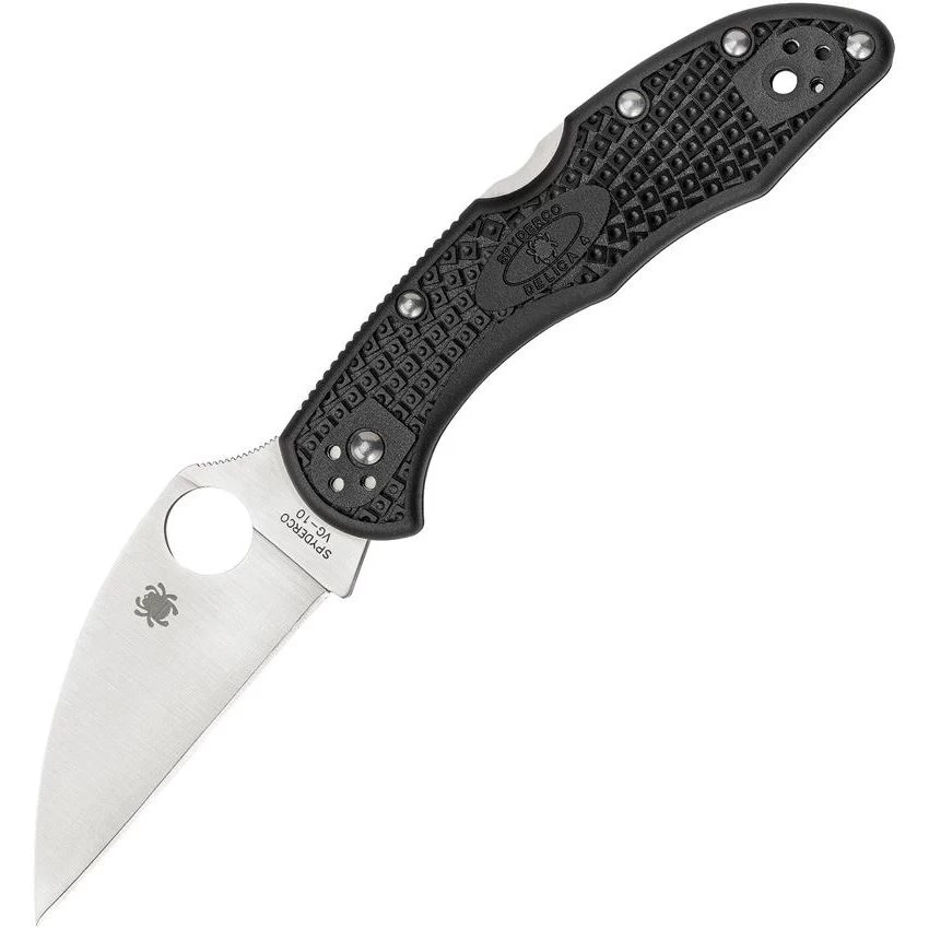Spyderco 11FPWCBK Delica Plain Wharncliffe Blade Knife With Black Bi-Directional Texture FRN Handle